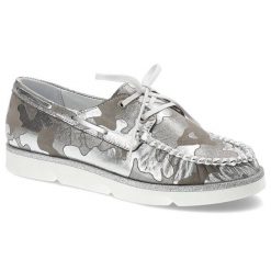 Mokasyny damskie Simen, wsuwane i ze skóry naturalnej, srebrne, 760-Moro-Srebro. Szare mokasyny damskie Simen, na lato, ze skóry, bez obcasa. Za 209.00 zł.