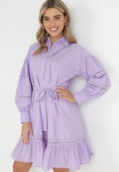Fioletowa Koszulowa Sukienka z Bufiastym Rękawem i Ażurowymi Wstawkami Staples. Fioletowe sukienki damskie Born2be, w ażurowe wzory, vintage, bez ramiączek. W wyprzedaży za 203.99 zł.