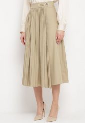 Beżowa Rozkloszowana Spódnica Midi Plisowana z Klamerką Faelannia. Brązowe spódnice damskie Born2be, m, bez wzorów, eleganckie, maxi. Za 159.99 zł.