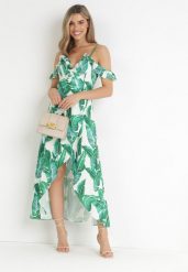 Zielona Kopertowa Sukienka Maxi z Falbankami Przy Ramionach Dorinite. Zielone sukienki damskie Born2be, bez wzorów, bez ramiączek. Za 139.99 zł.