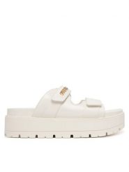 Guess Klapki FLJFAX ELE03 Écru. Klapki damskie Guess, z aplikacjami, ze skóry, bez obcasa, bez zapięcia. Za 519.99 zł.