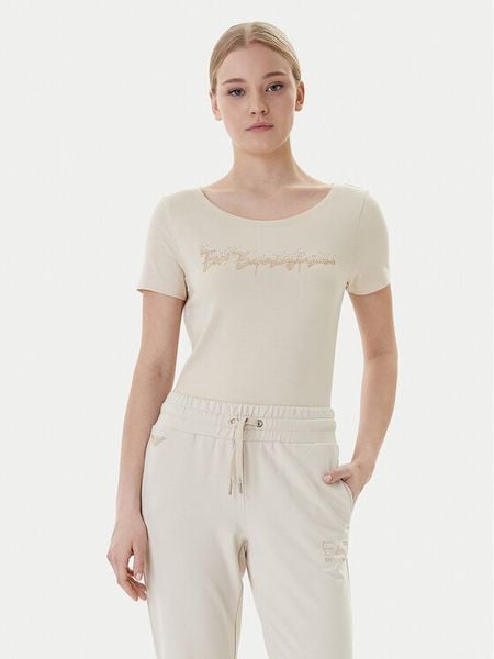 EA7 Emporio Armani T-Shirt 7W000978 AF10373 U1088 Beżowy Regular Fit. Brązowe t-shirty damskie EA7 Emporio Armani, s, bez wzorów, z bawełny, bez kołnierzyka. Za 329.99 zł.