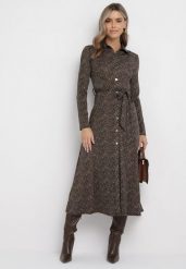 Brązowa Rozkloszowana Sukienka Koszulowa z Wiązanym Paskiem Cheresin. Brązowe sukienki damskie Born2be, bez wzorów, z materiału, bez ramiączek. Za 159.99 zł.