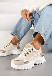 Beżowe Sneakersy w Steetwearowym Stylu na Tłoczonej Platformie Gonavielle. Brązowe obuwie sportowe damskie Renee, z jeansu, bez zapięcia. Za 99.99 zł.
