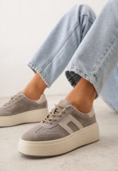 Ciemnobeżowe Sneakersy z Zamszu Naturalnego na Platfomie z Napisem i Perforacją Zitara. Brązowe obuwie sportowe damskie Renee, bez zapięcia. Za 189.99 zł.