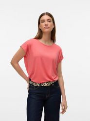 Vero Moda Koszulka w kolorze koralowym rozmiar: XL. Czerwone bluzki damskie Vero Moda, xl, bez wzorów, bez kołnierzyka, bez ramiączek. Za 65.85 zł.