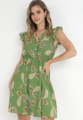 Zielona Rozkloszowana Sukienka z Wiskozy we Wzór Paisley Marinetta. Zielone sukienki damskie Born2be, z aplikacjami, z wiskozy, bez ramiączek. Za 89.99 zł.