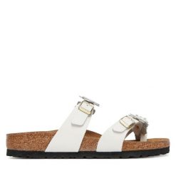 Japonki Birkenstock. Białe klapki damskie Birkenstock, bez wzorów, bez obcasa, bez zapięcia. Za 629.99 zł.