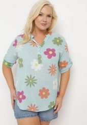 Miętowa Koszula z Lnu i Bawełny w Kwiaty z Krótkim Rękawem Ambubia. Zielone koszule damskie Born2be, na lato, plus size, bez wzorów, z bawełny, bez kołnierzyka, plus size, bez ramiączek. Za 79.99 zł.