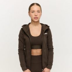 Bluza damska fitness z kapturem i zamkiem espresso Limitless. Brązowe bluzy damskie GYMBEAM, s, bez wzorów, z bawełny, z kapturem. Za 127.90 zł.