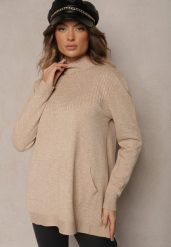 Jasnobeżowy Sweter Półgolf z Bawełną i Kieszenią z Przodu Emittes. Brązowe swetry klasyczne damskie Renee, l, z bawełny, bez kołnierzyka. Za 84.99 zł.