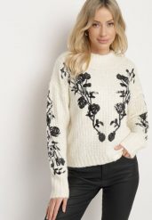 Jasnobeżowy Sweter z Wełną Ozdobiony Haftem i Cekinami Siledi. Brązowe swetry klasyczne damskie Born2be, m, z wełny, bez kołnierzyka. Za 149.99 zł.