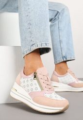 Różowe Sneakersy z Ażurową Perforacją Suwakiem i Ukrytym Koturnem Pelaria. Czerwone obuwie sportowe damskie Renee, z materiału, bez zapięcia. Za 119.99 zł.
