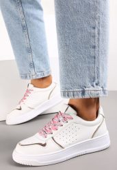 Biało-Szampańskie Sneakersy z Kolorowymi Sznurówkami i Metalicznymi Wstawkami Lania. Białe obuwie sportowe damskie Renee, bez zapięcia. Za 69.99 zł.