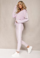 Jasnofioletowy 2-Częściowy Komplet Dresowy z Weluru z Ozdobnymi Lampasami Bluza i Spodnie Anelpe. Fioletowe bluzy damskie Renee, m, bez wzorów, z dresówki, bez kaptura. Za 69.99 zł.