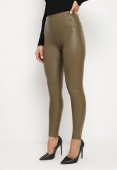 Zielone Legginsy z Ekoskóry z Guzikami Wysokim Stanem i Gumką w Talii Sintheria. Zielone legginsy damskie Born2be, l, z aplikacjami, z jeansu. Za 49.99 zł.