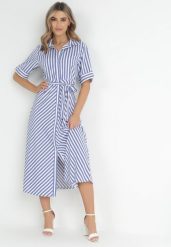 Niebieska Koszulowa Sukienka z Wiskozy w Paski Wiązana w Talii Nevia. Niebieskie sukienki damskie Born2be, bez wzorów, z wiskozy, eleganckie, bez ramiączek. Za 209.99 zł.