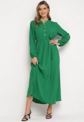 Zielona Rozkloszowana Sukienka Maxi z Plisowanym Dołem i Wiązanym Paskiem Nollira. Zielone sukienki damskie Born2be, bez wzorów, eleganckie, bez ramiączek. W wyprzedaży za 110.49 zł.