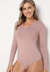 Jasnoróżowe Dopasowane Body z Długim Rękawem i Dekoltem w Serek Lilaria. Czerwone body i gorsety Born2be, bez wzorów, z jeansu. Za 14.99 zł.