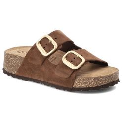 Klapki damskie Yokono, cholewka ze skóry naturalnej zamszowej z dwoma szerokimi paskami z regulacją na metalowe klamry, brązowe, Wiwi-003. Brązowe klapki damskie Yokono, bez wzorów, ze skóry, bez obcasa, bez zapięcia. Za 215.90 zł.