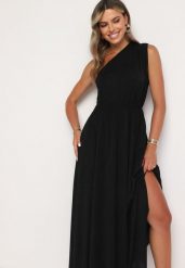 Czarna Plisowana Sukienka o Asymetrycznym Fasonie z Gumką w Talii Naeana. Czarne sukienki damskie Born2be, bez wzorów, eleganckie, bez ramiączek. Za 159.99 zł.