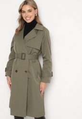 Zielony Płaszcz w Stylu Trencza Ozdobiony Paskiem z Klamrą Ninellira. Zielone płaszcze damskie Born2be, l, bez wzorów, z jeansu, bez kaptura. Za 229.99 zł.