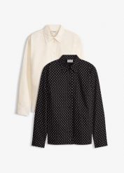 Bluzka koszulowa z bawełny (2 szt.). Czarne bluzki damskie bonprix, bez wzorów, z bawełny, eleganckie, bez kołnierzyka, bez ramiączek. Za 124.99 zł.