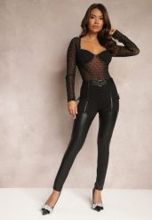 Czarne Spodnie Skinny z Imitacji Skóry i Paskiem Bisrattema. Czarne rurki damskie Renee, bez wzorów, z dzianiny. Za 159.99 zł.
