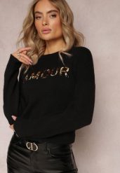 Czarny Sweter z Naszywkami z Napisem Amour Mavilla. Czarne swetry klasyczne damskie Renee, z dzianiny, bez kołnierzyka. Za 84.99 zł.