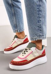 Bordowe Sneakersy na Platformie z Tweedowymi Wstawkami i Przeszyciami Leganna. Czerwone obuwie sportowe damskie Born2be, bez zapięcia. Za 49.99 zł.