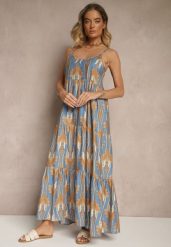 Niebiesko-Beżowa Sukienka w Stylu Boho z Cienkimi Regulowanymi Ramiączkami Tosena. Niebieskie sukienki damskie Renee, bez wzorów, boho, bez ramiączek. W wyprzedaży za 41.99 zł.