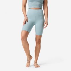 Legginsy krótkie do jogi i pilatesu Domyos. Niebieskie legginsy damskie DOMYOS, l, bez wzorów, z materiału. Za 69.99 zł.