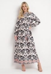Beżowo-Czarna Sukienka o Pudełkowym Fasonie z Satyny w Ornamentalny Print Alerosa. Brązowe sukienki damskie Born2be, bez wzorów, z materiału, bez ramiączek. W wyprzedaży za 127.49 zł.