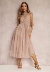Beżowa Sukienka Canissa. Brązowe sukienki damskie Renee, bez wzorów, z koronki, eleganckie, bez ramiączek. Za 219.99 zł.