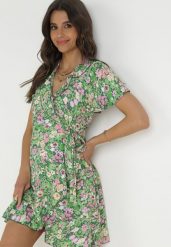 Zielona Kopertowa Sukienka Mini z Wiązaniem w Pasie z Wiskozy Huette. Zielone sukienki damskie Born2be, bez wzorów, z materiału, bez ramiączek. Za 89.99 zł.