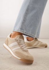 Beżowe Sneakersy z Dwoma Paskami Evilirea. Brązowe obuwie sportowe damskie Born2be, z jeansu, bez zapięcia. Za 109.99 zł.