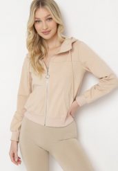 Jasnobeżowa Bluza z Kapturem na Suwak Wykończona Ściągaczami Diacra. Brązowe bluzy damskie Born2be, l, bez wzorów, z kapturem. Za 59.99 zł.
