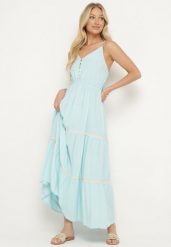 Jasnoniebieska Sukienka na Ramiączkach z Gumką w Pasie Zapinana na Guziki z Falbanką i Haftem Tiamavita. Niebieskie sukienki damskie Born2be, bez wzorów, bez ramiączek. Za 49.99 zł.