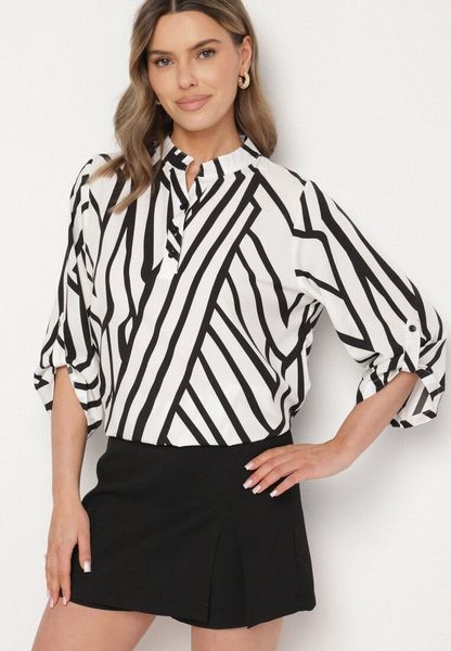 Biała Koszula z Bawełną i Geometrycznym Wzorem Tiarine. Białe koszule damskie Born2be, xl, bez wzorów, z bawełny, klasyczne, bez kołnierzyka, bez ramiączek. Za 59.99 zł.