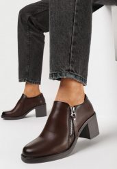 Ciemnobrązowe Półbuty z Ozdobnym Suwakiem na Niskim Słupku Eberpia. Brązowe półbuty damskie Born2be, bez wzorów, bez obcasa, na słupku, bez zapięcia. Za 139.99 zł.