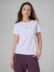 4F T-shirt slim gładki damski - biały S. Białe koszulki sportowe damskie 4F, s, bez wzorów, z materiału, bez ramiączek, na fitness i siłownię. Za 49.99 zł.