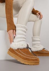 Brązowe Śniegowce na Grubej Podeszwie z Futerkiem i Przeszciami Linafra. Brązowe śniegowce damskie Born2be, z jeansu. Za 99.99 zł.