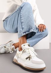 Biało-Złote Płaskie Casualowe Sneakersy ze Sznurowaniem i Transparentnym Elementem z Tyłu Gamarie. Białe obuwie sportowe damskie Renee, z materiału, bez zapięcia. Za 89.99 zł.