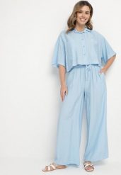 Niebieski Wiskozowy Komplet Oversize Koszula z Krótkim Rękawem i Spodnie Dovilissea. Niebieskie koszule damskie Born2be, m, bez wzorów, z wiskozy, eleganckie, bez kołnierzyka, bez ramiączek. Za 119.99 zł.