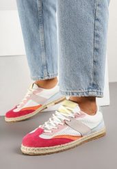 Biało-Czerwone Sneakersy Typu Kultowe Tenisówki Zdobione Przeszyciami Grelloti. Białe obuwie sportowe damskie Renee, z jeansu, bez zapięcia, tenisowe. Za 74.99 zł.