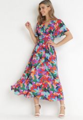 Różowo-Niebieska Rozkloszowana Sukienka Maxi w Kwiatowy Print Ilviza. Czerwone sukienki damskie Born2be, bez wzorów, bez ramiączek. W wyprzedaży za 135.99 zł.
