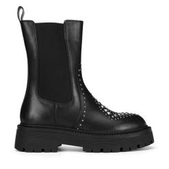 Botki Eva Minge. Czarne botki damskie Eva Minge, bez obcasa, na płaskiej podeszwie, bez zapięcia. Za 384.99 zł.