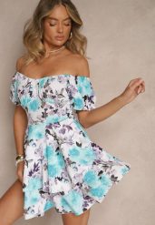 Jasnoniebieska Kwiatowa Sukienka Hiszpanka z Bawełną Aproa. Niebieskie sukienki damskie Renee, bez wzorów, z bawełny, eleganckie, bez ramiączek. W wyprzedaży za 55.99 zł.