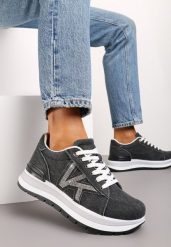Czarne Sneakersy na Piankowej Platformie Ozdobione Cyrkoniami z Boku Epirvala. Czarne obuwie sportowe damskie Renee, z jeansu, bez zapięcia. Za 99.99 zł.