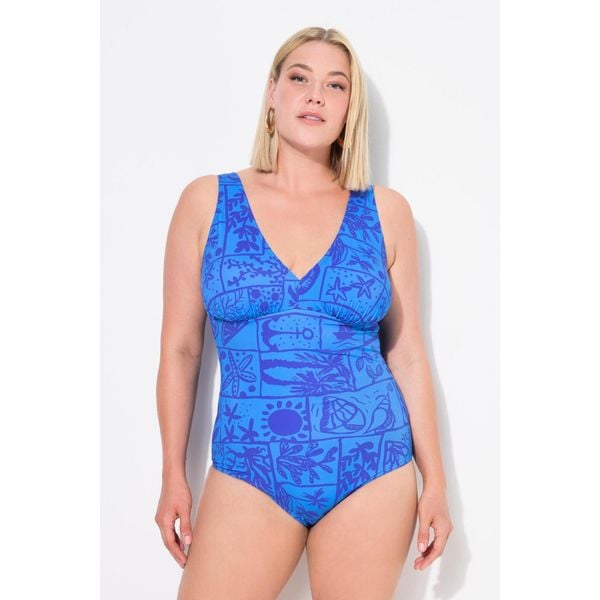 Damski Kostium kąpielowy muszelki dekolt w serek miękkie miseczki. Niebieskie stroje jednoczęściowe Ulla Popken, bez wzorów, z elastanu. Za 239.99 zł.